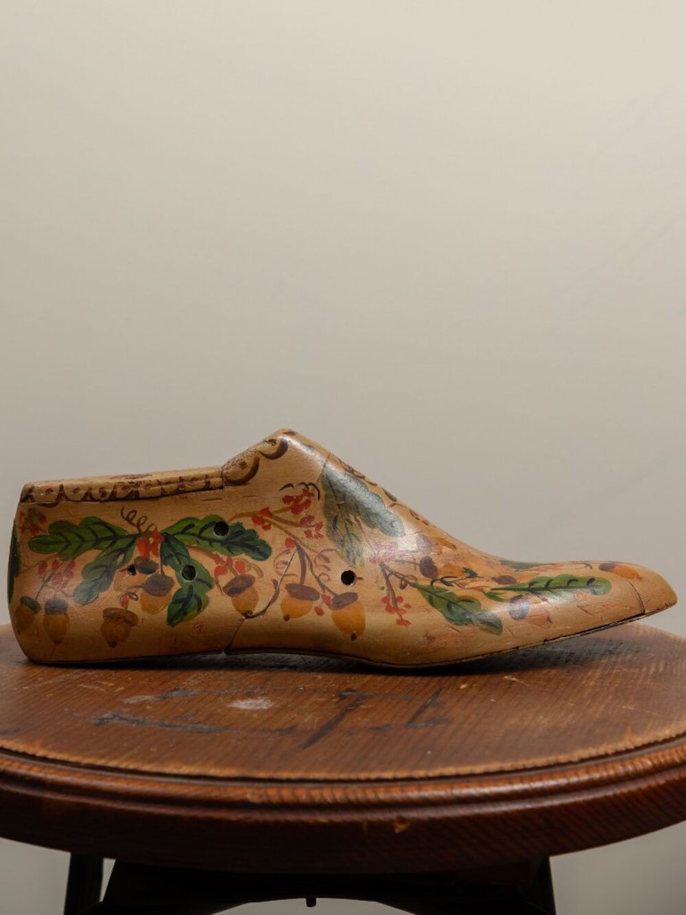 Antique Wooden Shoe Last Hand Painted Folk Art E Dean Acorn Oak Leaf Decor Form